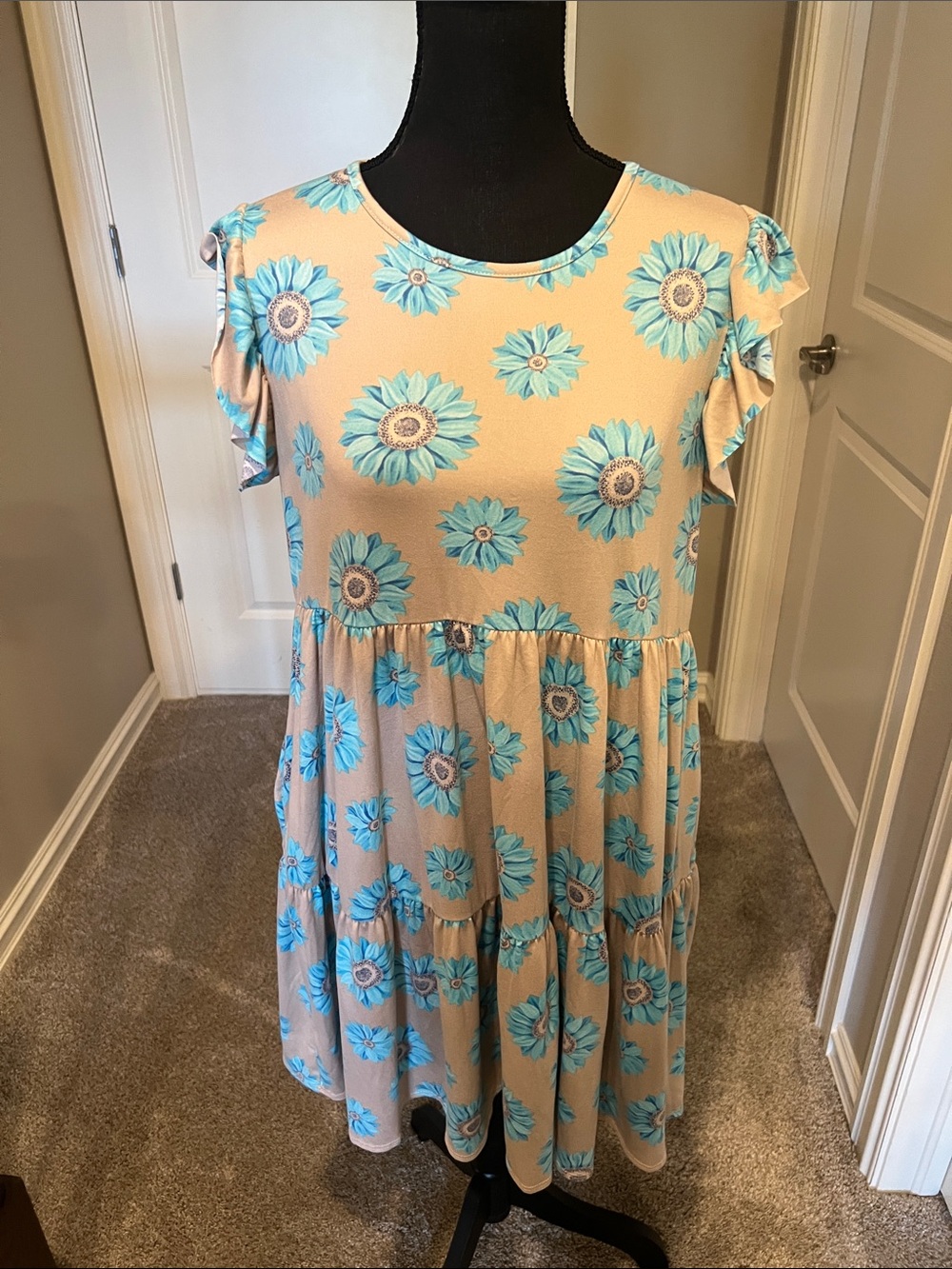 Beige Midi Dress with Blue Floral Print and Flutter Sleeves